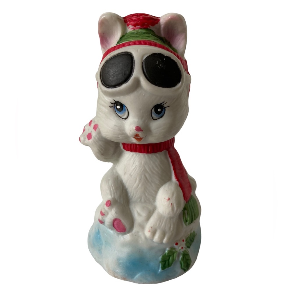 Vintage JASCO Bunny Rabbit Critter Porcelain Christmas Bell Ski Goggles 4.25"